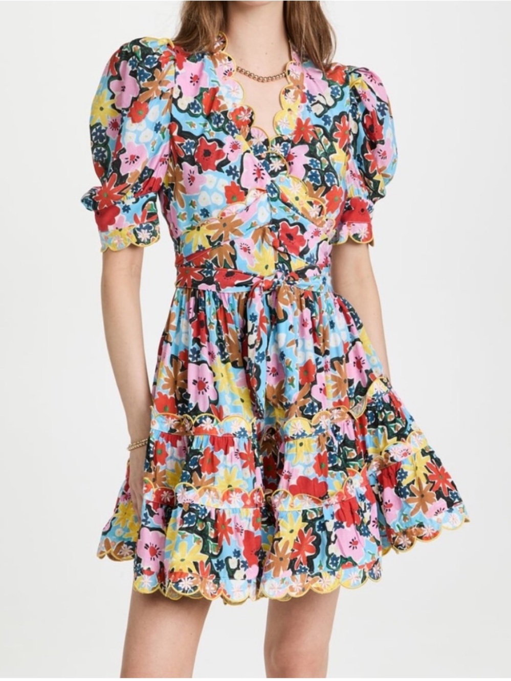 Celia B Aila Floral Wrap Ruffled Tiered Scalloped Puff Sleeve Mini Dress